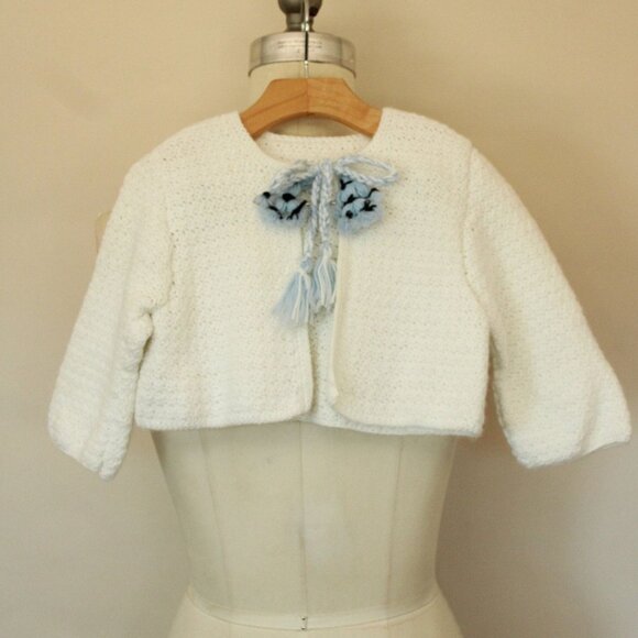 Vintage 1950s 1960s Baby Sweater, White Knit Cardigan with Blue Ties - Picture 2 of 10